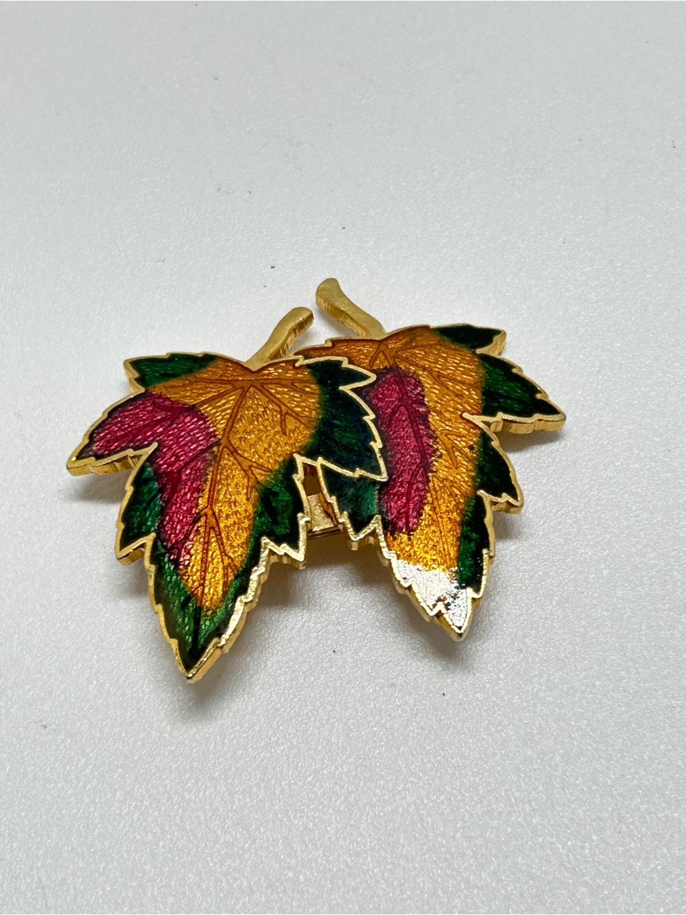Vintage Autumn Leaves Cloisonné Brooch, Gold, Green, Orange